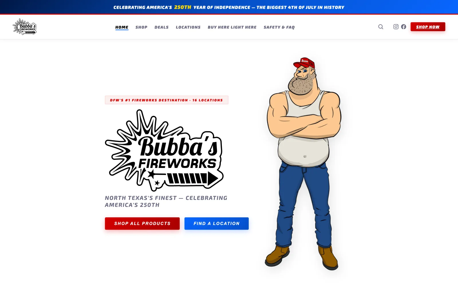Homepage of Bubba's Fireworks, a bold 16-location fireworks e-commerce store.