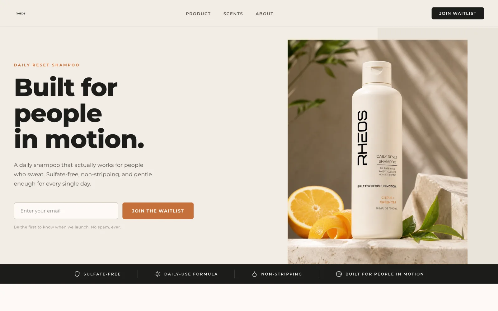 Homepage of RHEOS, a premium DTC haircare brand.